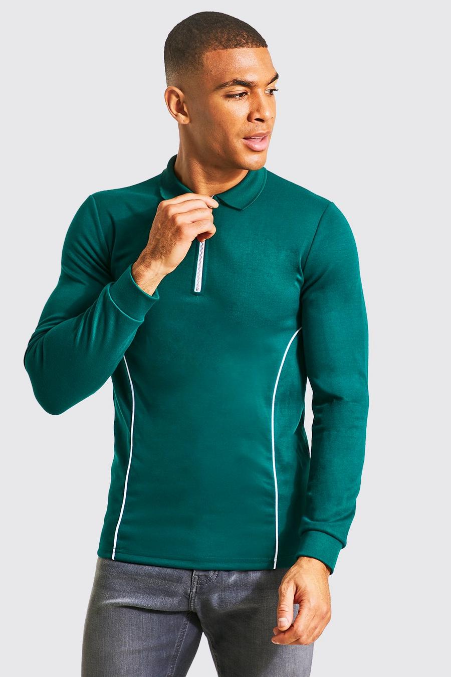 Teal green Muscle Fit Man Long Sleeve Scuba Polo