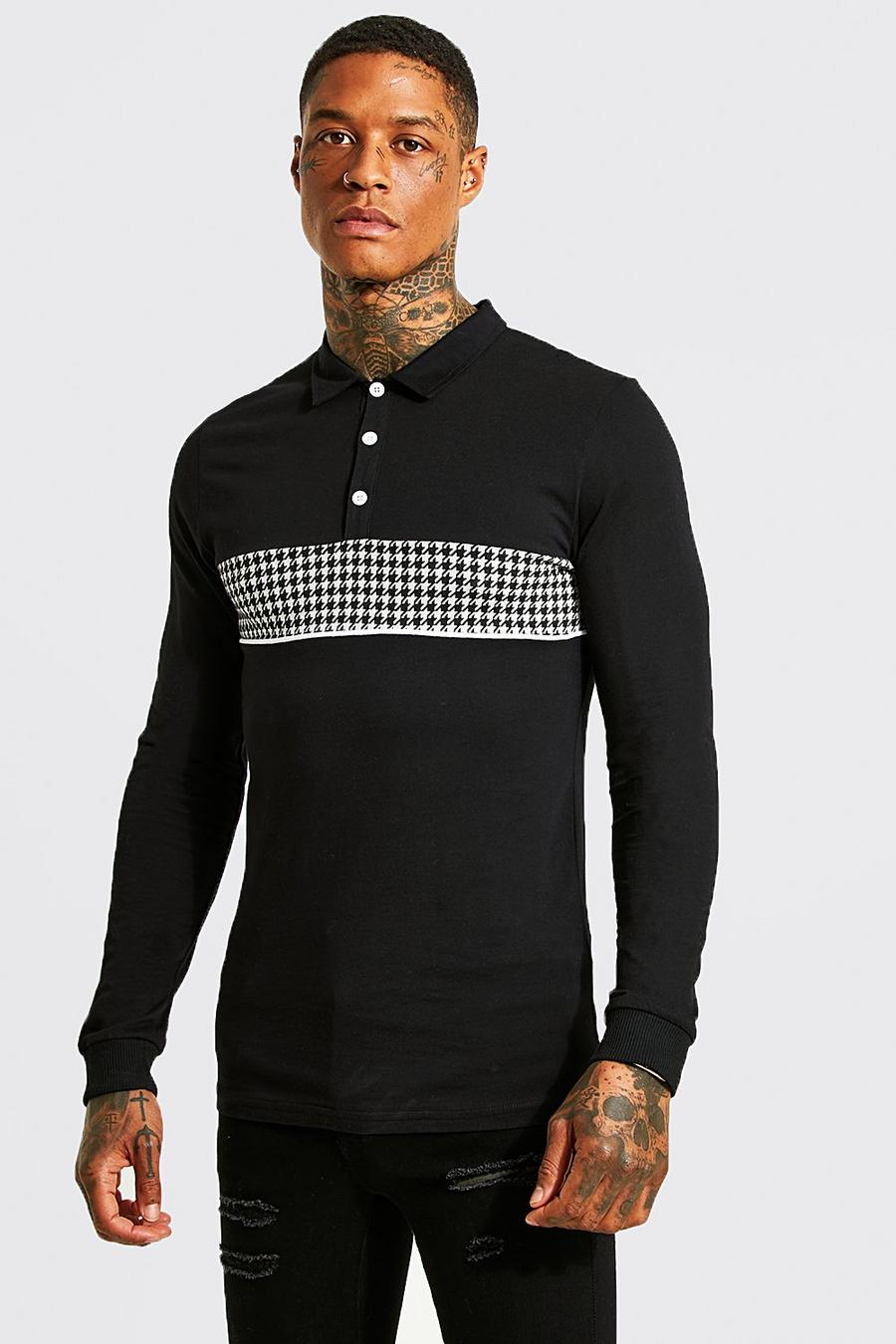 Black Muscle Fit Patterned Panel Long Sleeve Polo image number 1