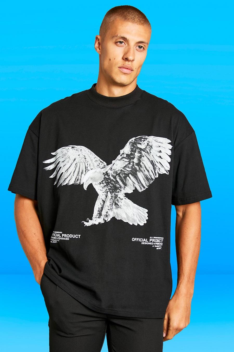 boohooMAN X Jack Grealish - T-shirt oversize à col montant et imprimé aigle, Black image number 1