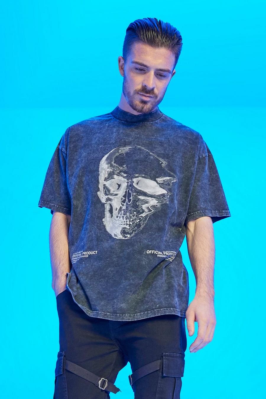 T-shirt oversize in lavaggio acido con grafica di teschio, Charcoal grigio