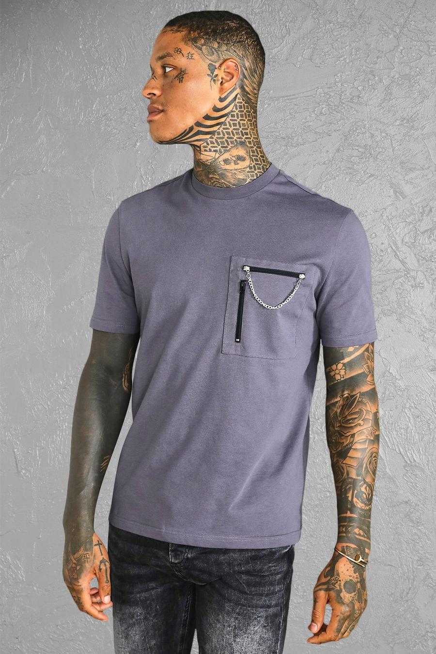 Charcoal Relaxed Fit Extended Neck Chain Washed Tshirt image number 1