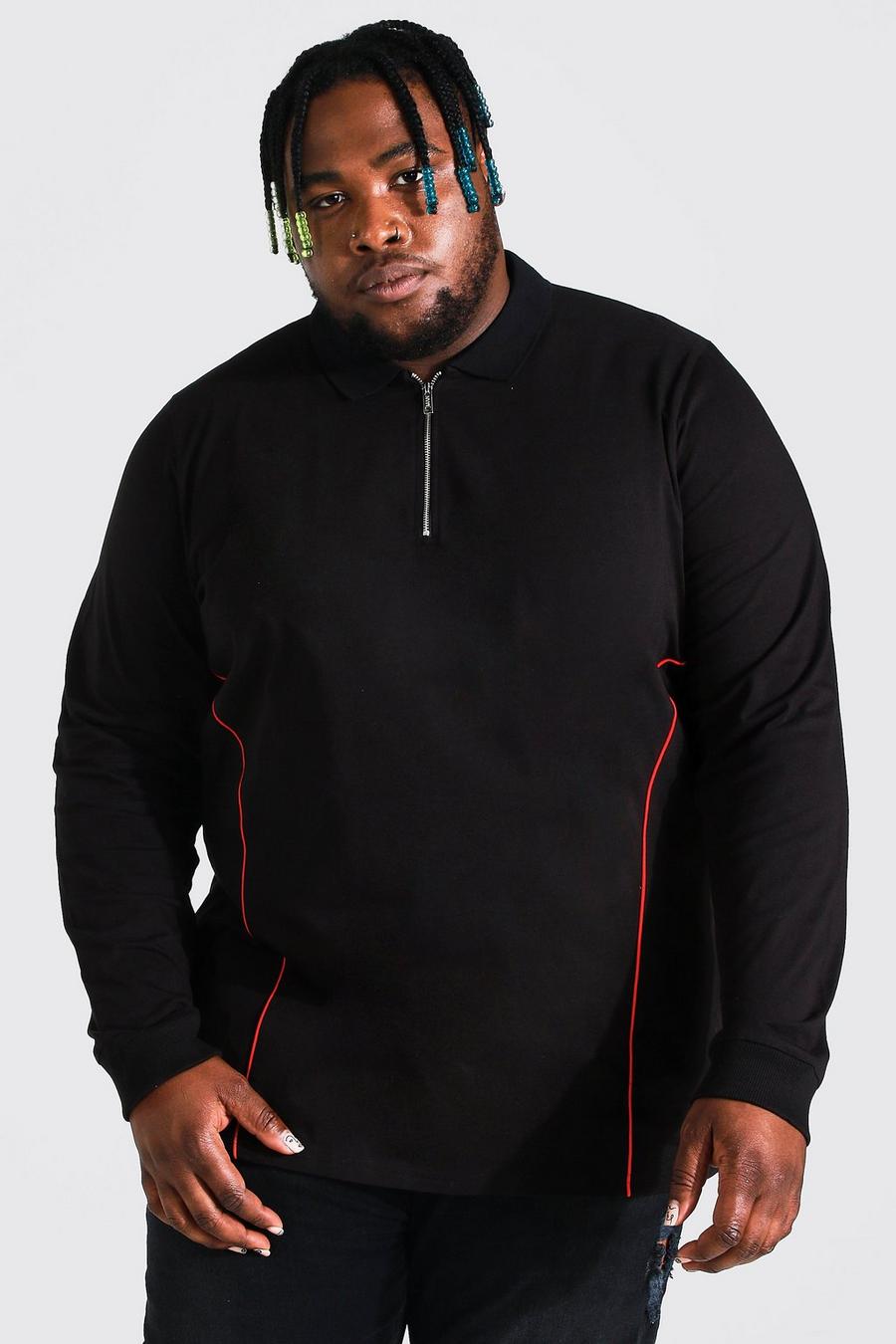 Black Plus Long Sleeve 1/4 Zip Polo With Piping