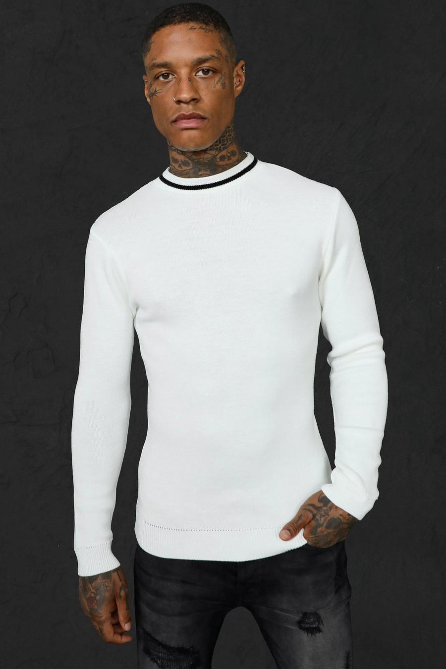 Cream Turtle Neck Muscle Fit Jumper With Stripes image number 1