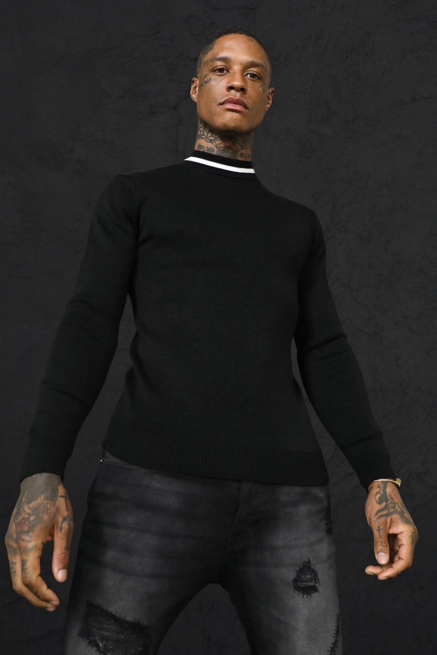 Black Turtle Neck Muscle Fit Jumper With Stripes image number 1