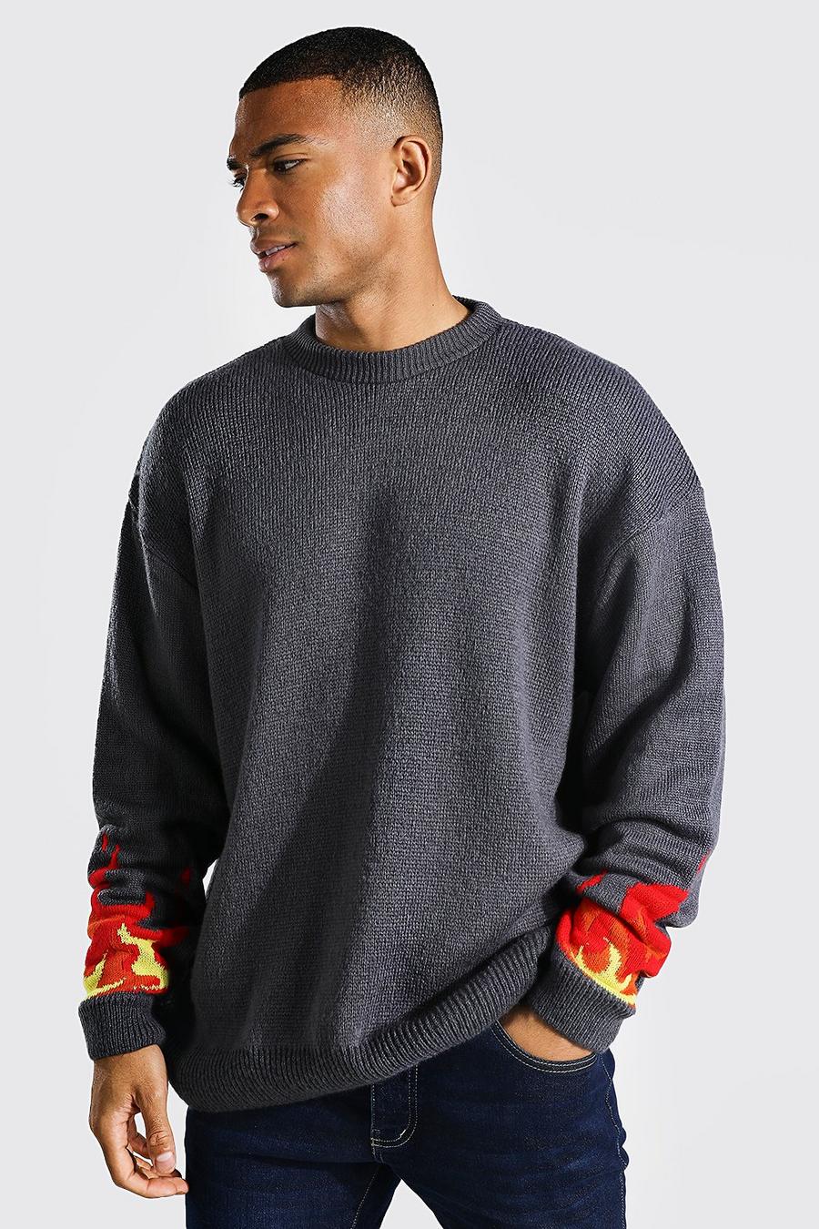 Charcoal Oversized Flame Sleeve Brushed Knitted Jumper image number 1