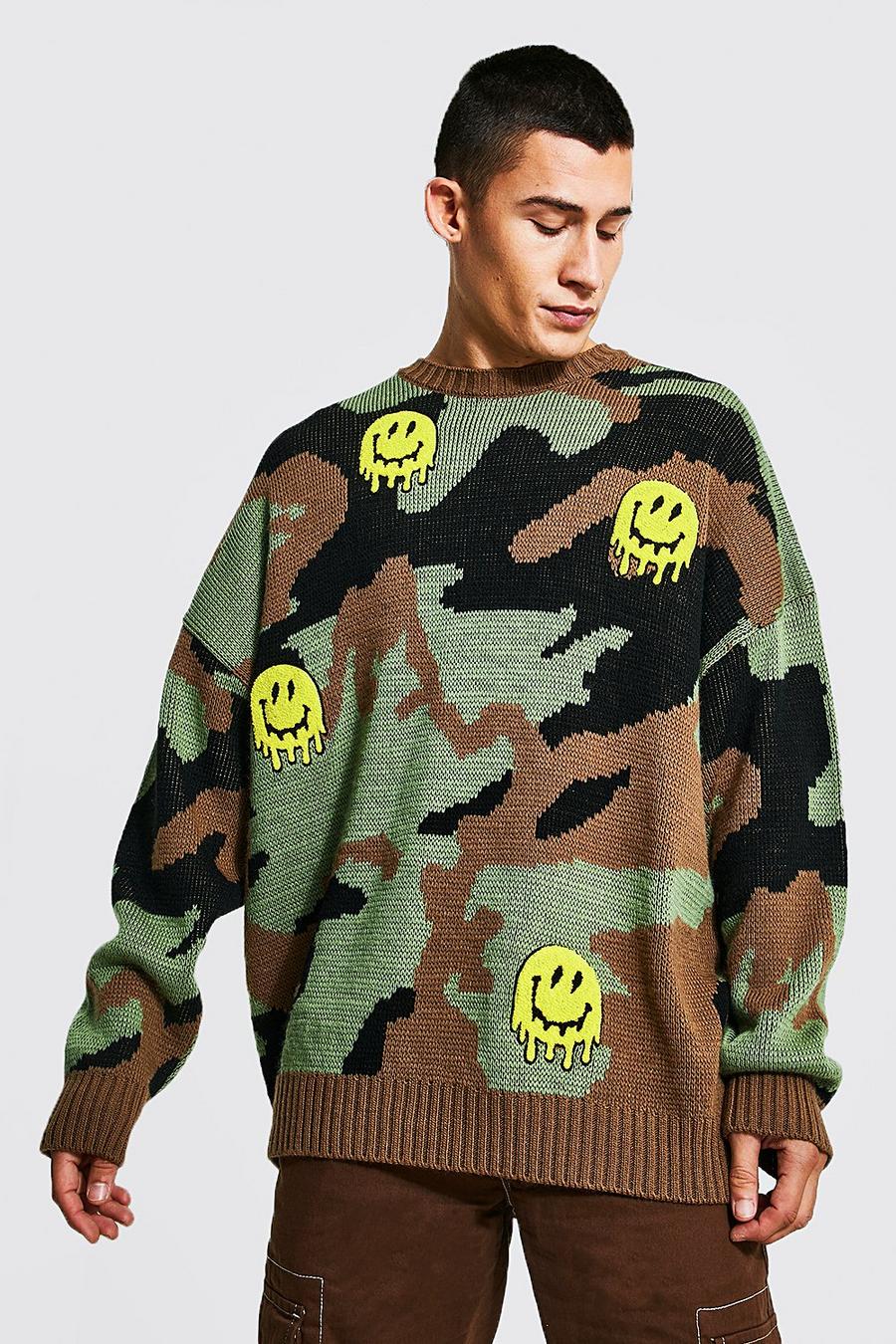Khaki Oversized Camo Drip Face Badge Knitted Jumper image number 1