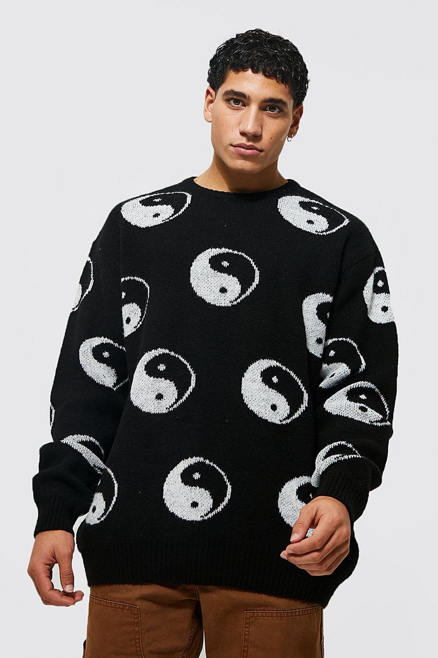 Black Oversized Heavyweight Yin Yang Knitted Jumper image number 1