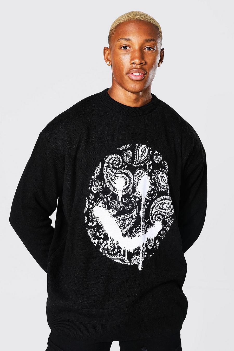 Oversize Paisley-Print Drip Face Pullover, Black image number 1