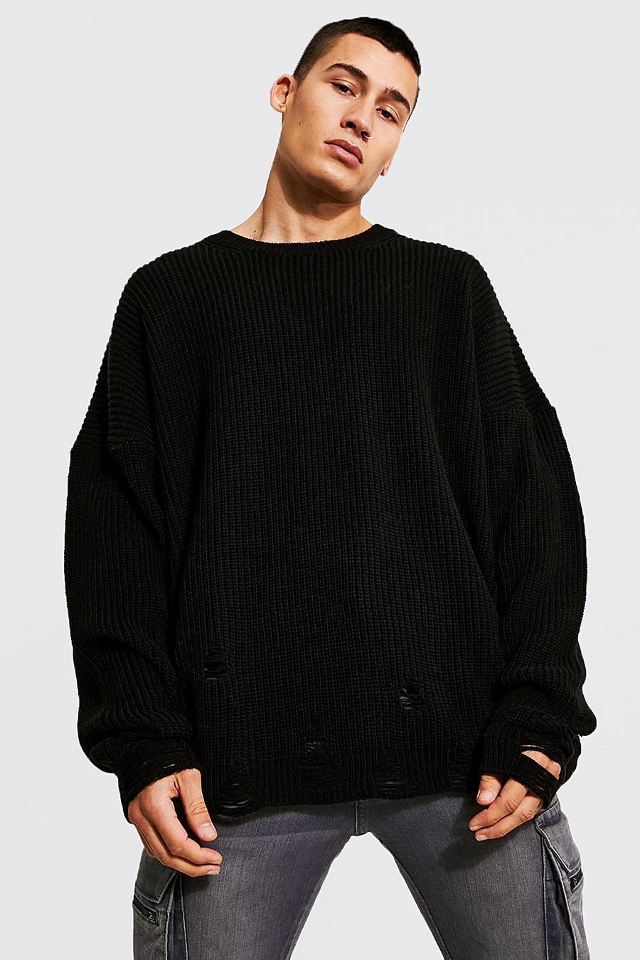 Black סוודר בסריגת ריב אוברסייז בסגנון דייגים עם קרעים image number 1