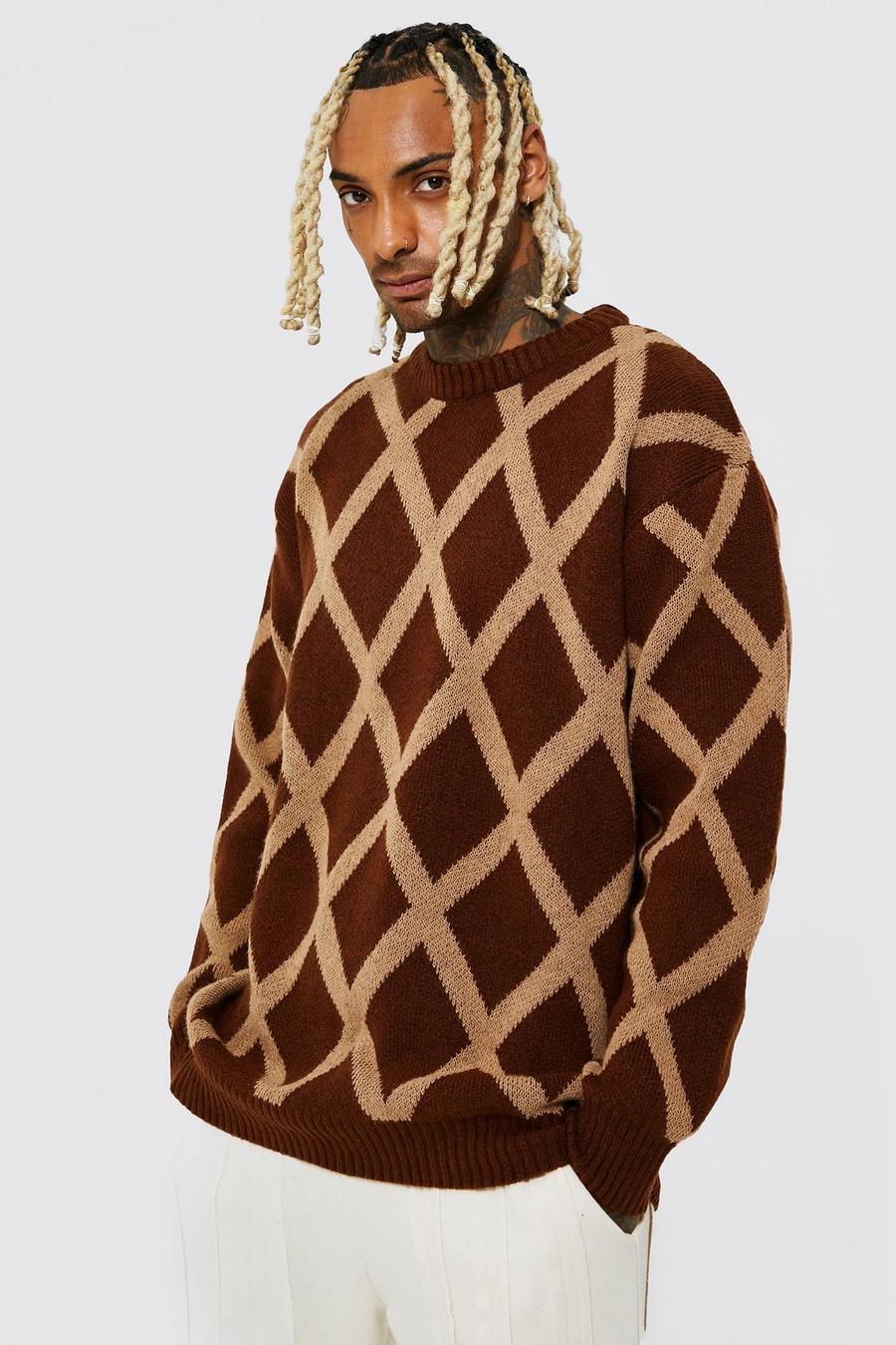 Brown Oversized Heavyweight Diamond Knitted Jumper image number 1