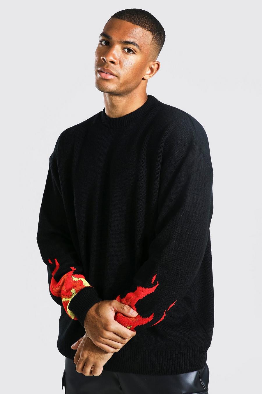 Black Oversized Flame Sleeve Brushed Knitted Jumper image number 1