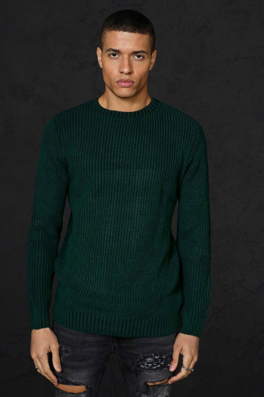 ירוק כהה סוודר בסריגת ריב עם קפל וצווארון עגול image number 1