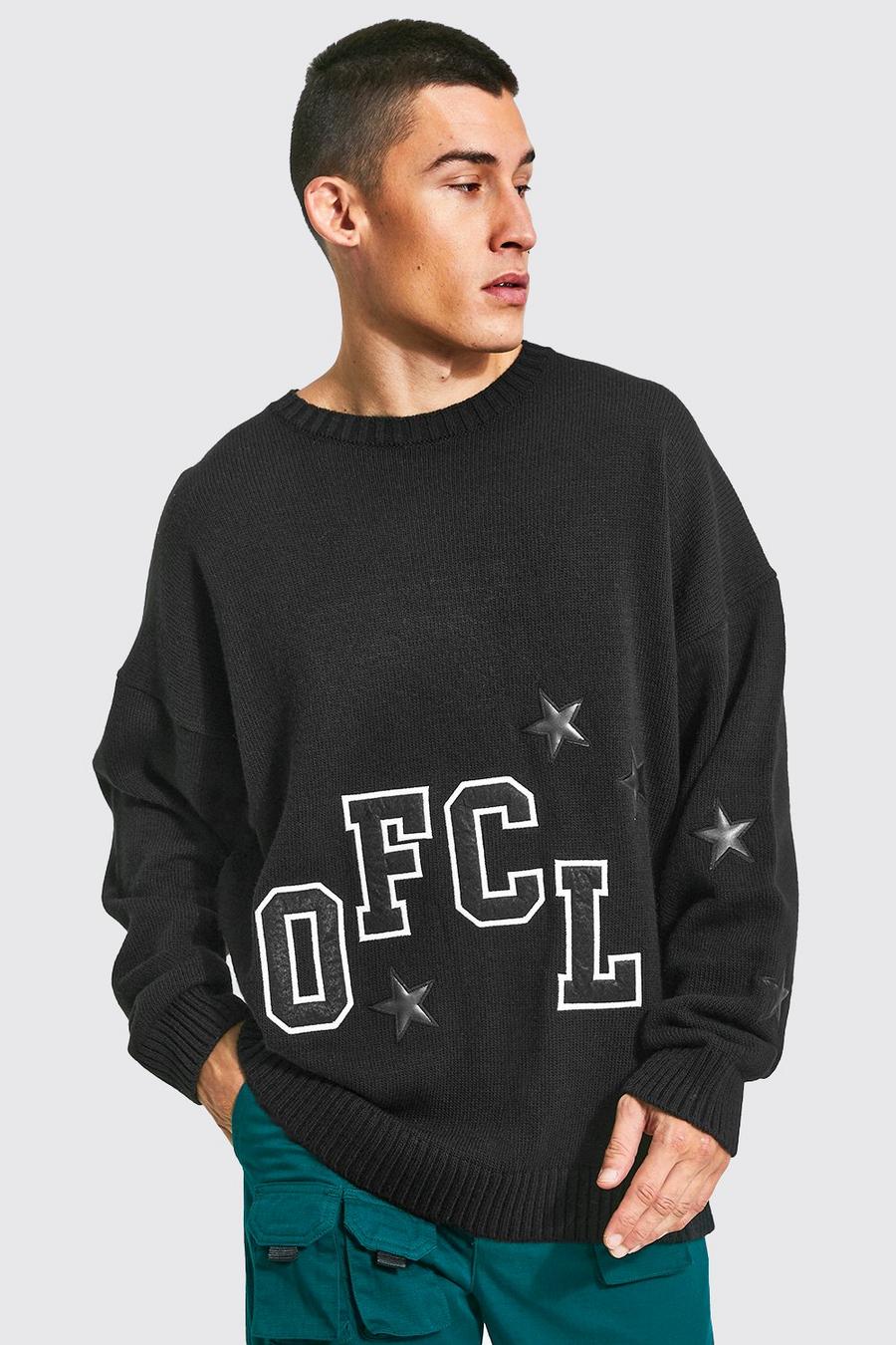 שחור סוודר אוברסייז עם טלאי Ofcl בסגנון נבחרת ספורט image number 1