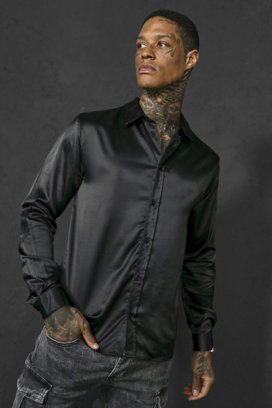 Black Muscle Fit Long Sleeve Satin Shirt image number 1