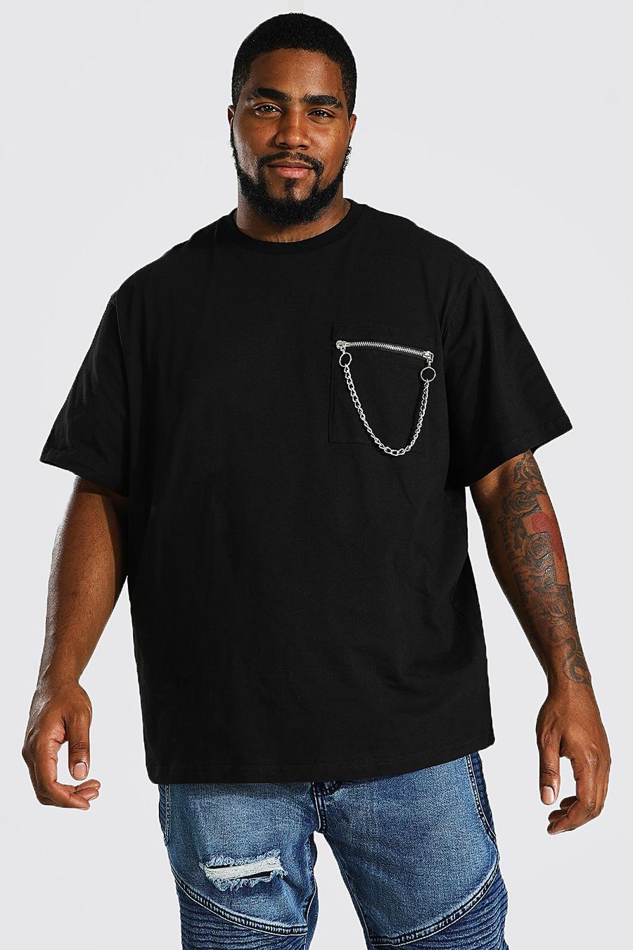 Camiseta Plus holgada con bolsillos y cadena, Black image number 1