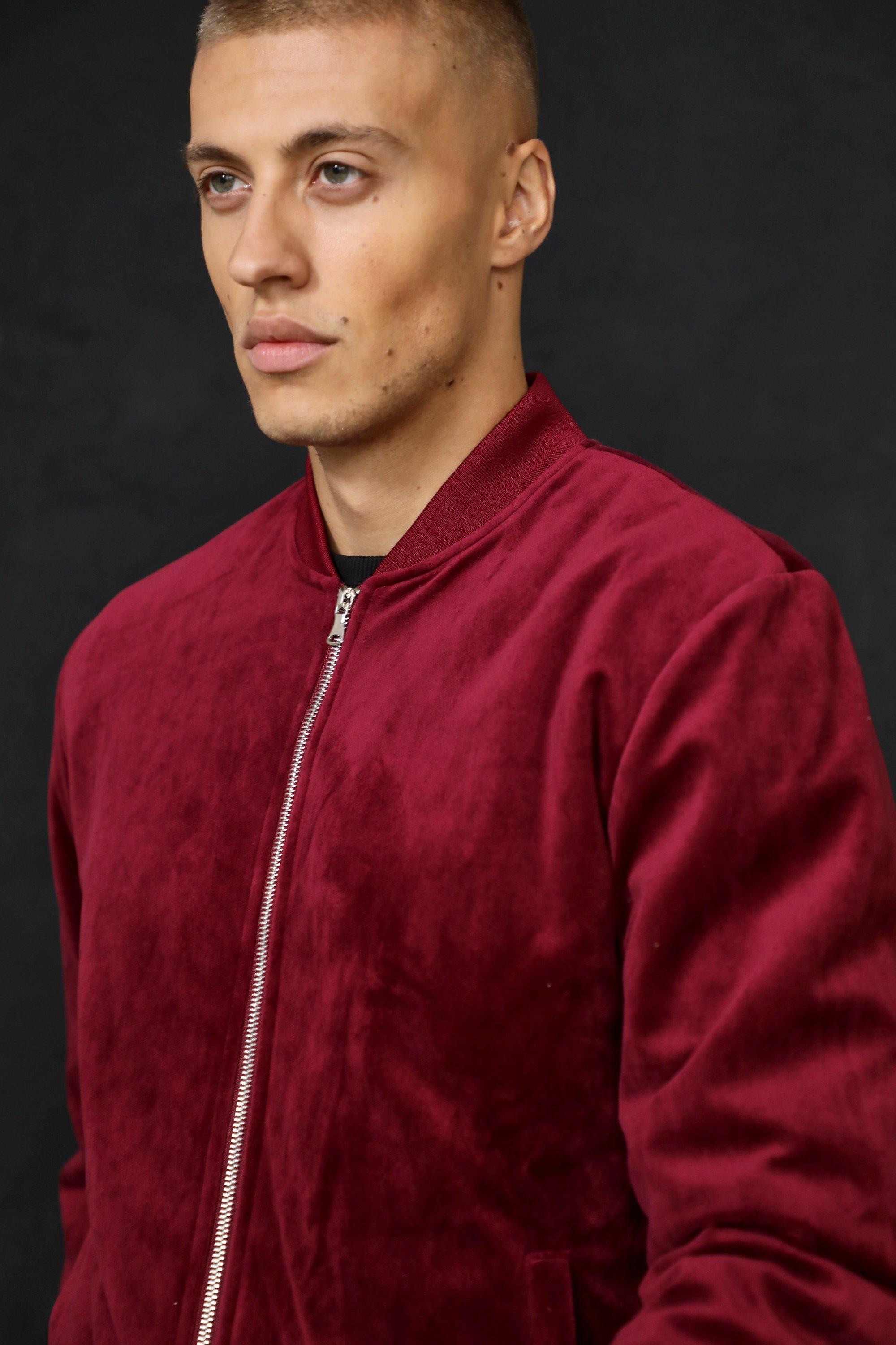 Burgundy velvet bomber hot sale jacket mens