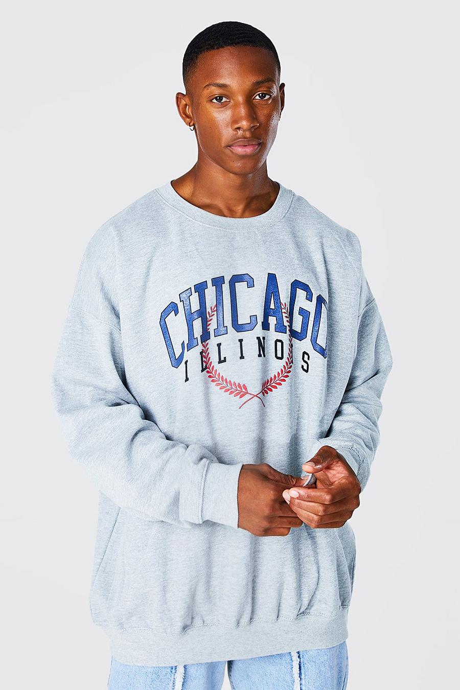Sudadera oversize universitaria con estampado de Chicago, Grey marl image number 1