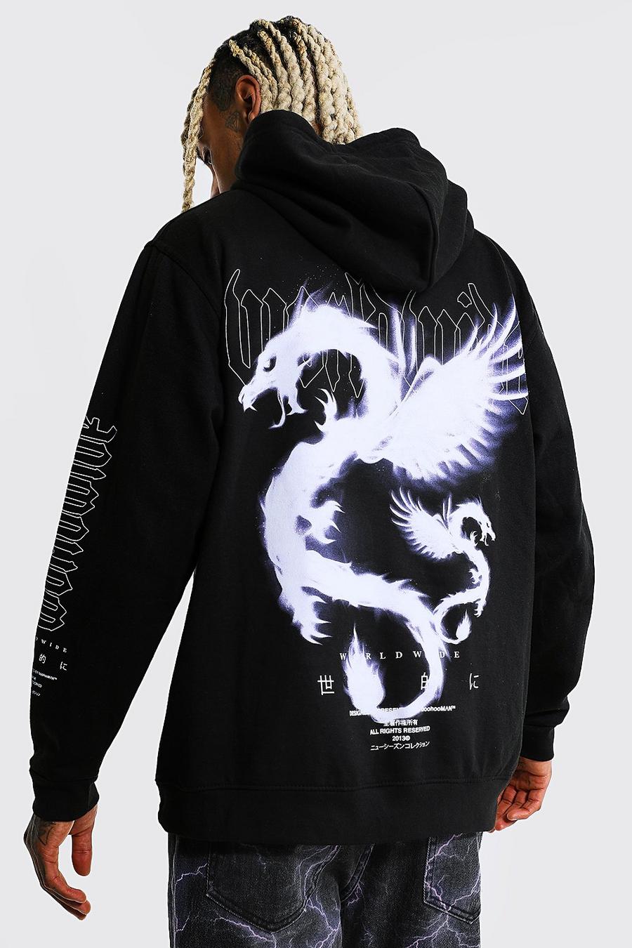 Black Oversized Dragon Sleeve Graphic Hoodie image number 1