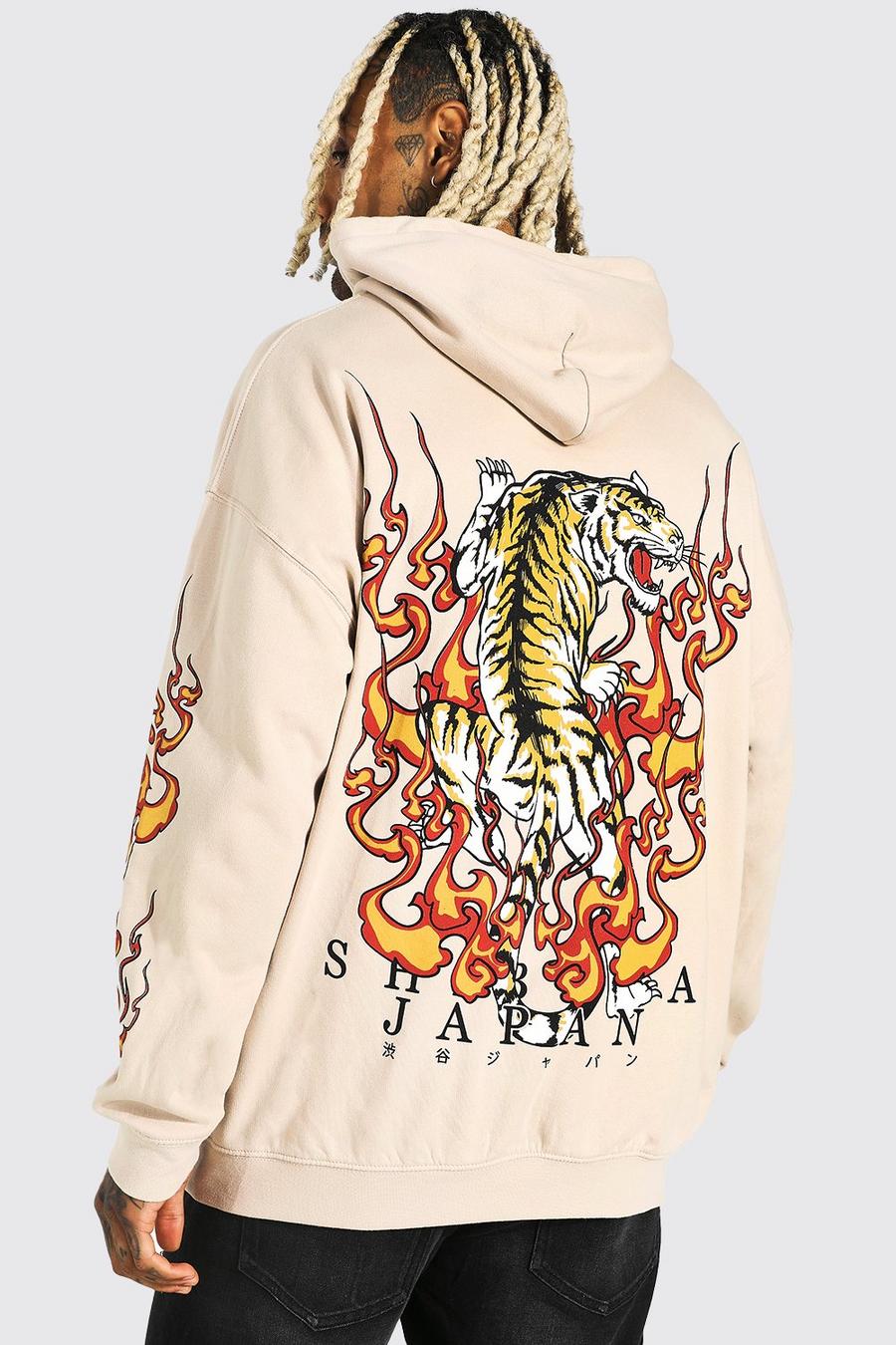 Sand Oversized Dragon Flame Sleeve Graphic Hoodie image number 1