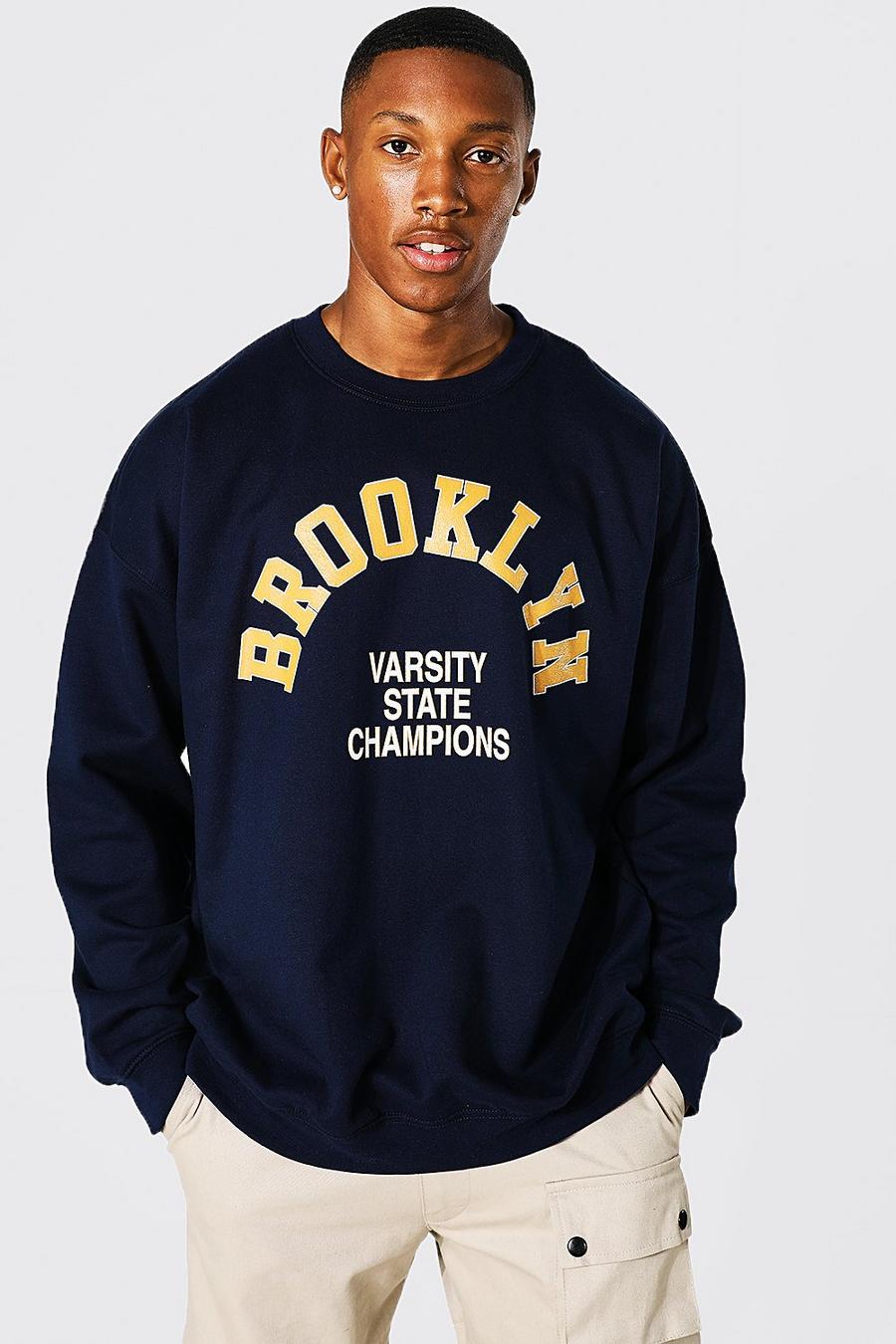 Navy Brooklyn Oversize sweatshirt i varsitystil image number 1