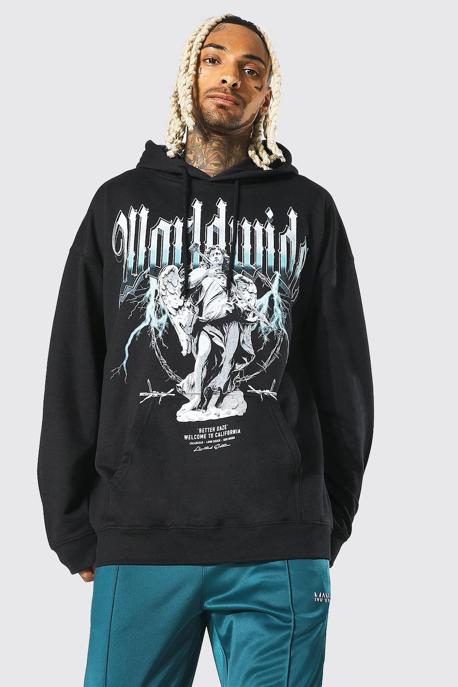 Black Oversized Worldwide Statue Graphic Hoodie image number 1