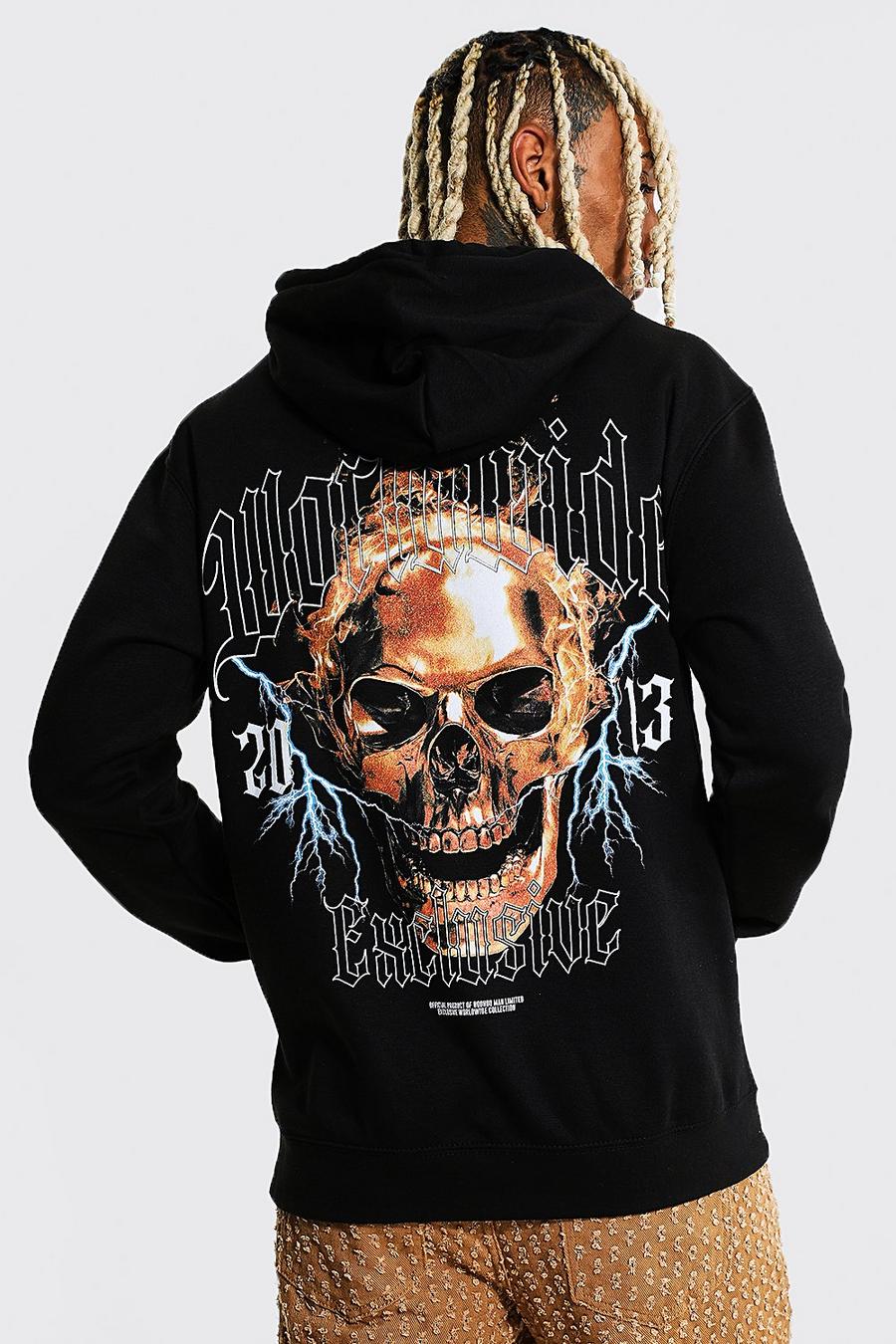 Black Oversized Worldwide Skull Graphic Hoodie image number 1