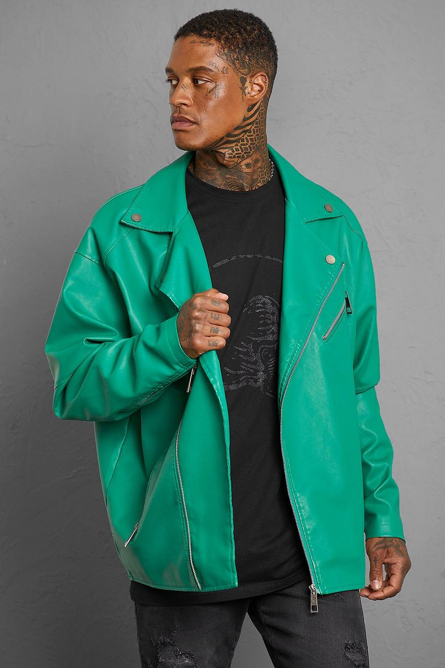 Green Leather Look Oversized Biker Jacket image number 1