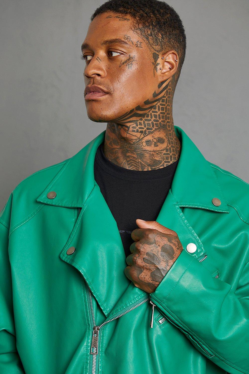 Green leather sale biker jacket mens