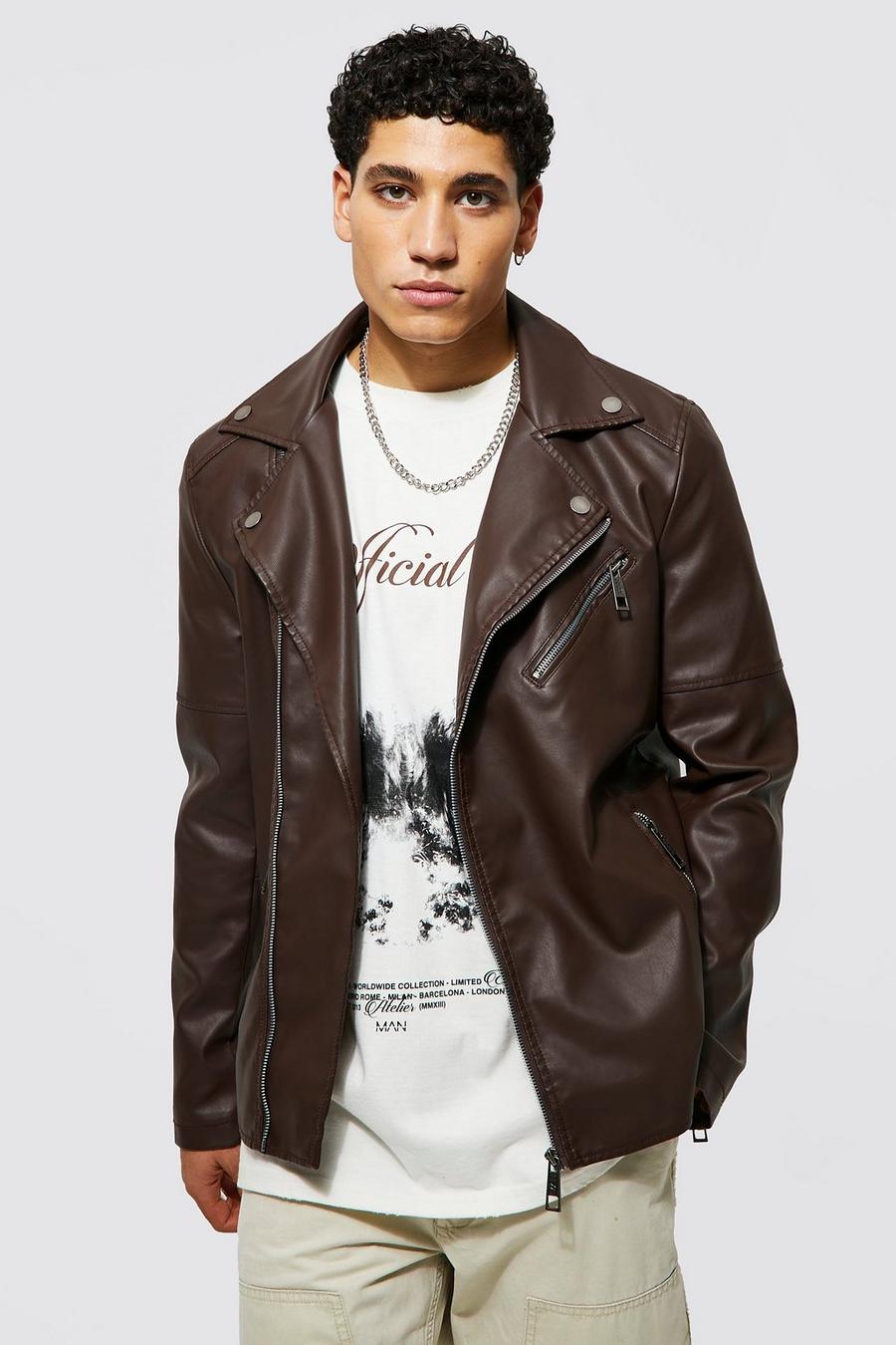 Chocolate brown Leather Look Biker Jacket image number 1