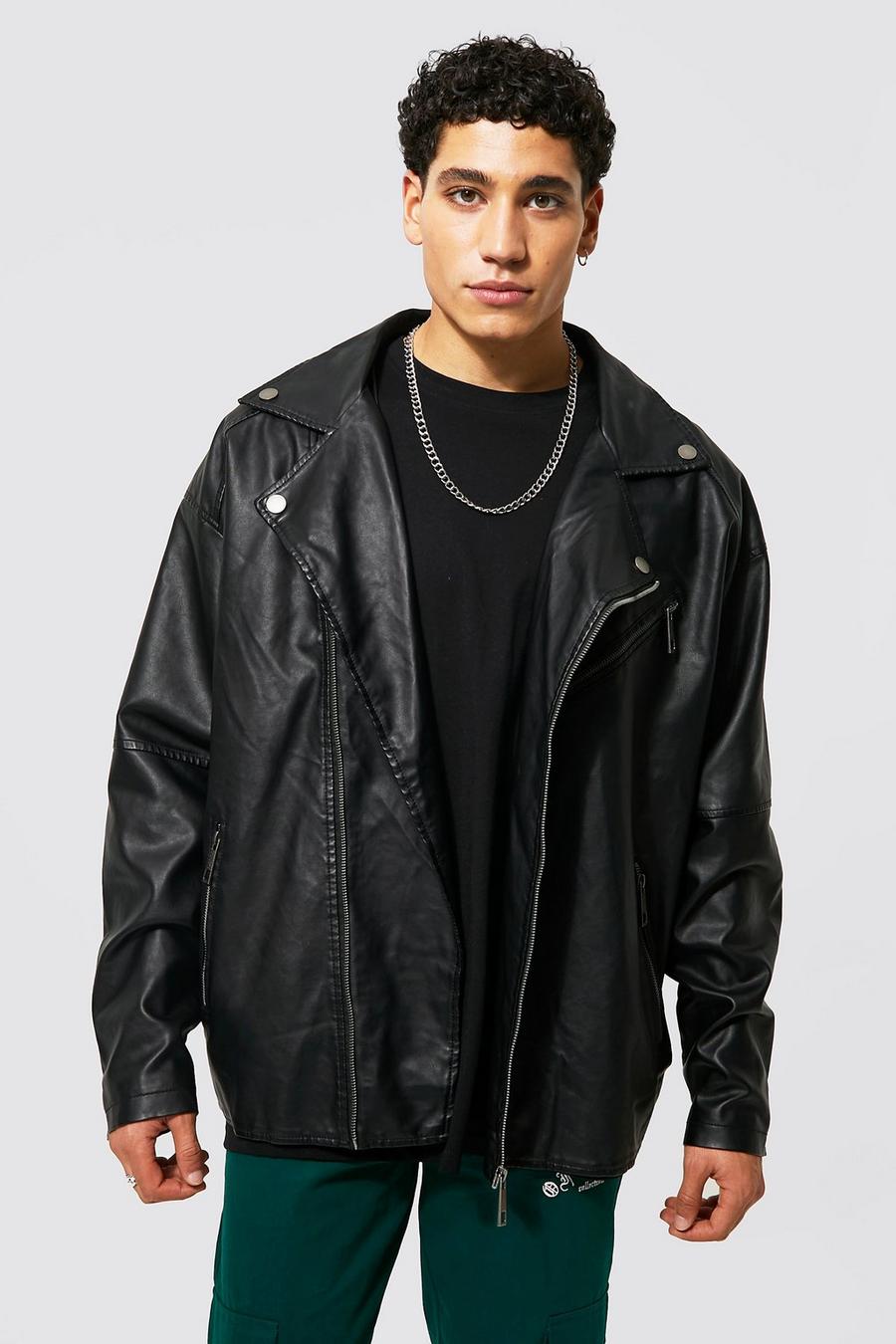 Black Leather Look Oversized Biker Jacket image number 1