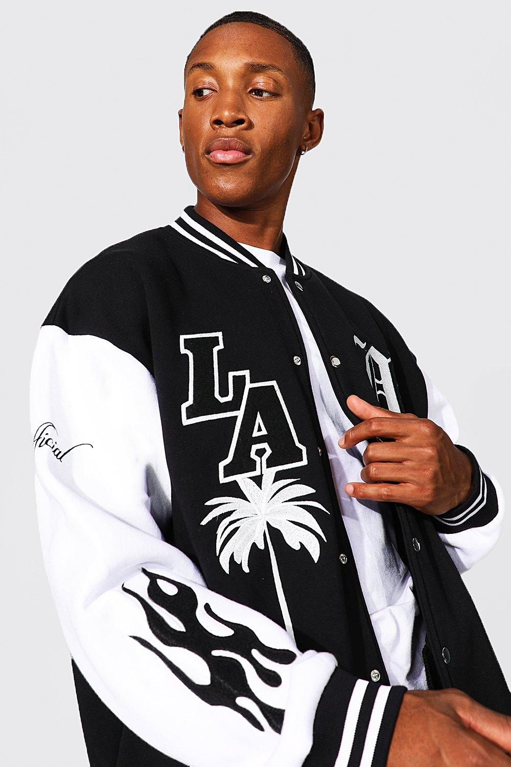 NWT Boohoo LA California Hooded Varsity Jacket In Black White Unisex size  US10
