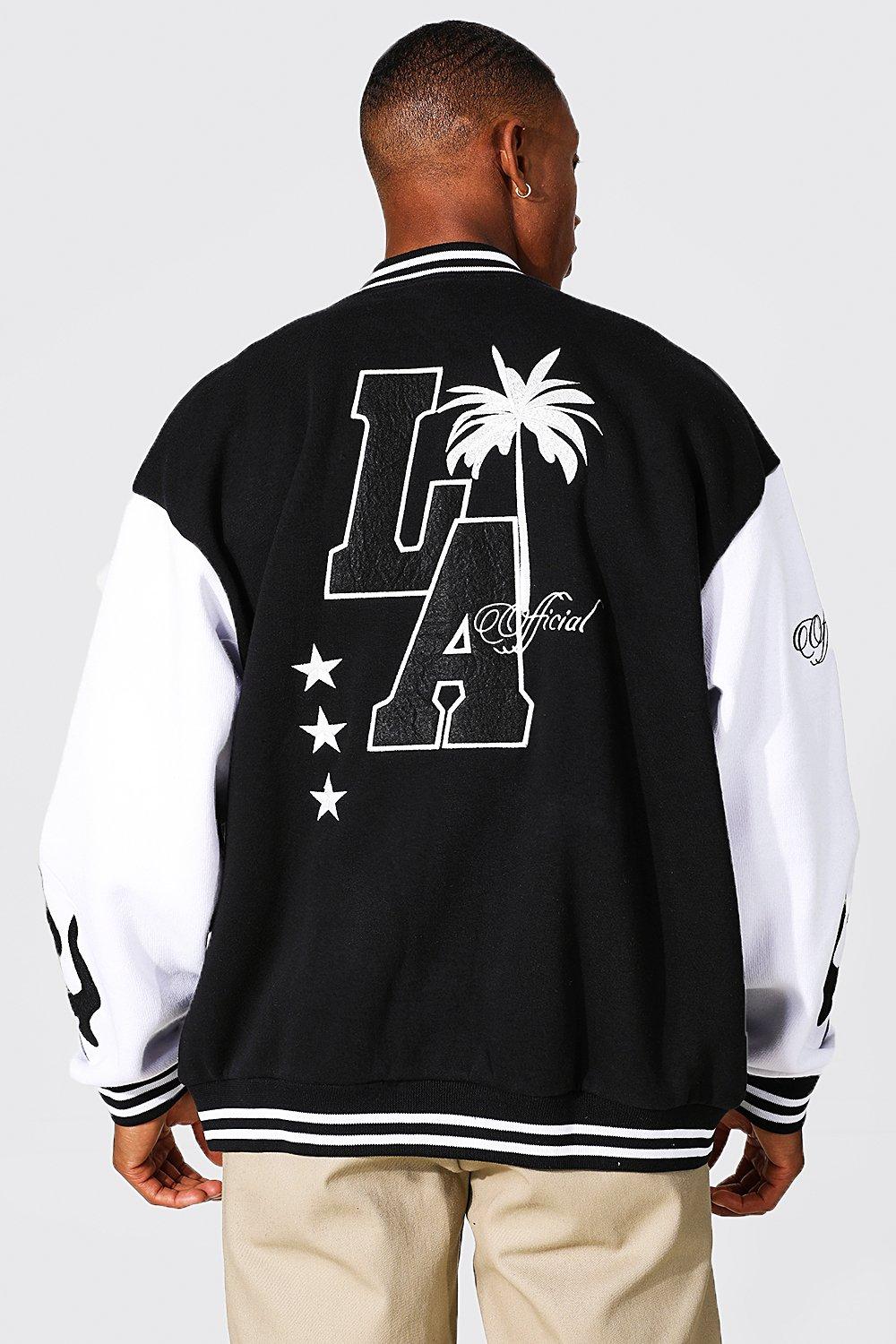 NWT Boohoo LA California Hooded Varsity Jacket In Black White