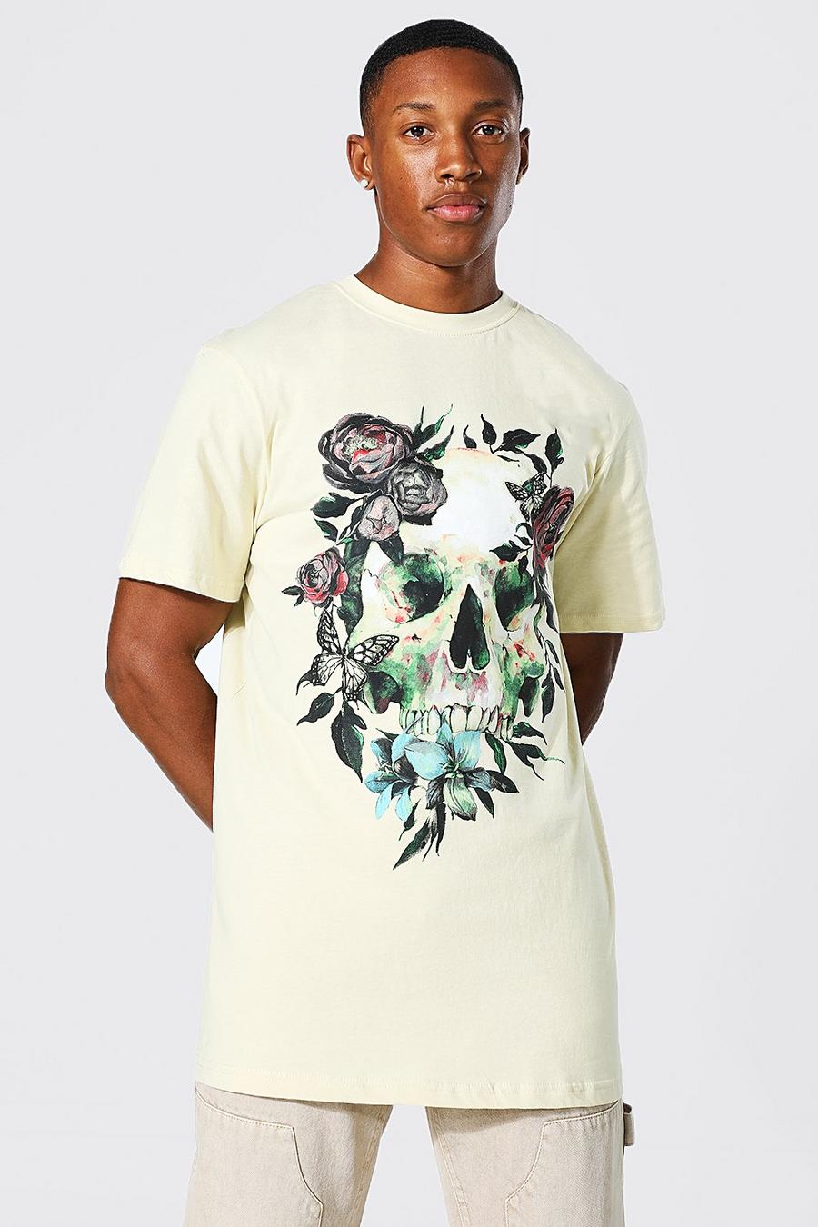 Langes T-Shirt mit floralem Totenkopf-Print, Sand image number 1