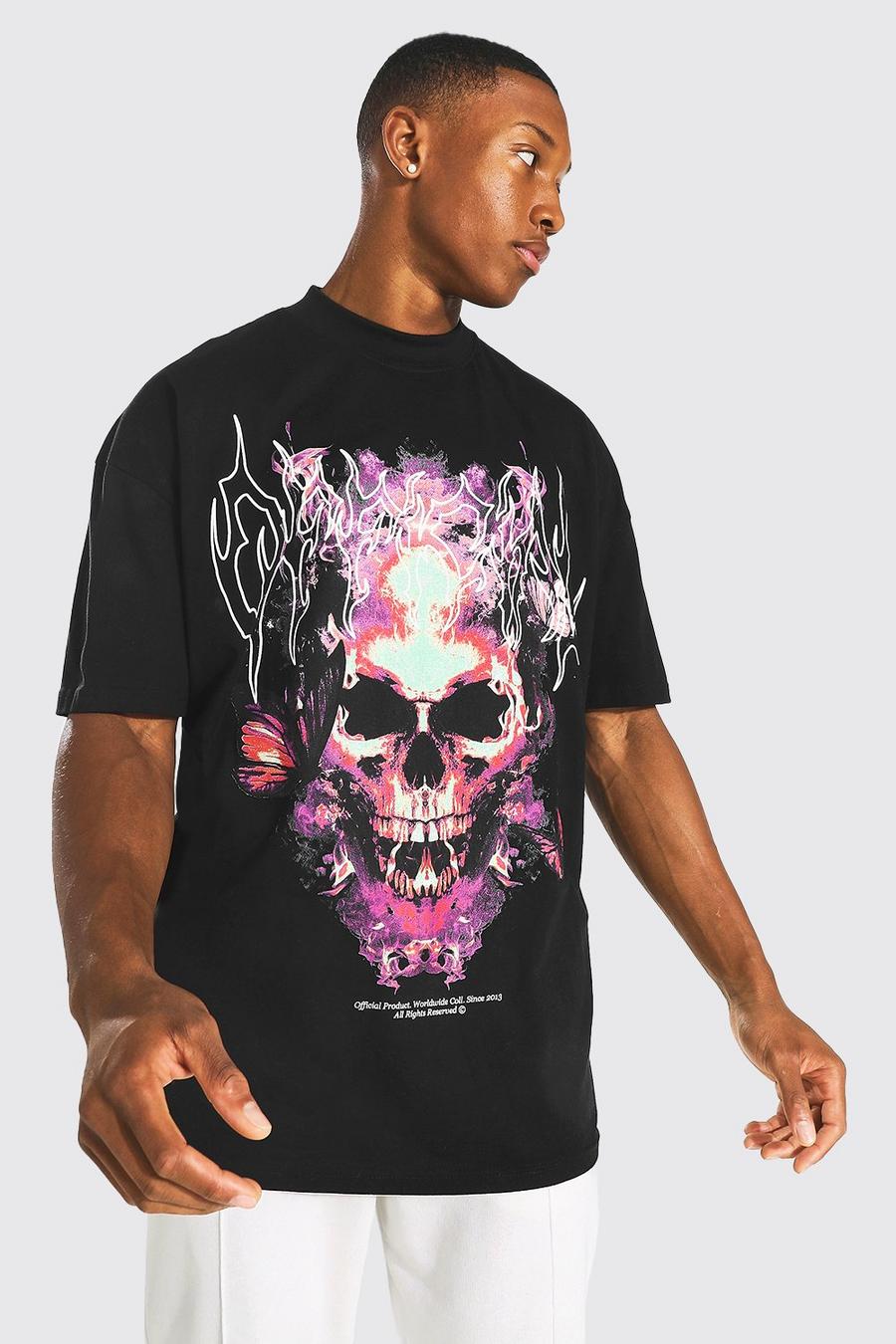Black Oversized Skull Graphic Extended Neck T-shirt image number 1