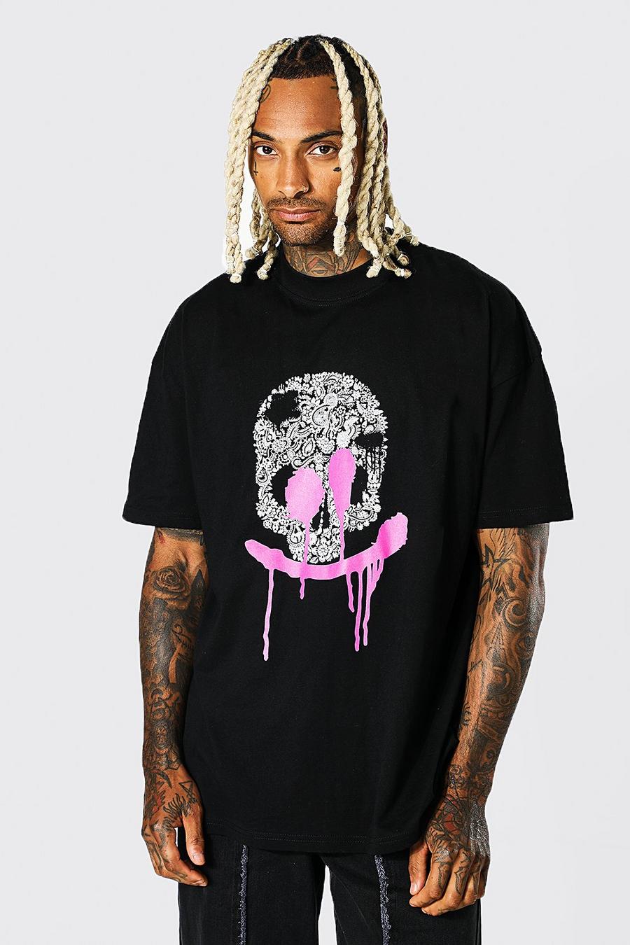 Black Oversized Drip Face Extended Neck T-shirt image number 1