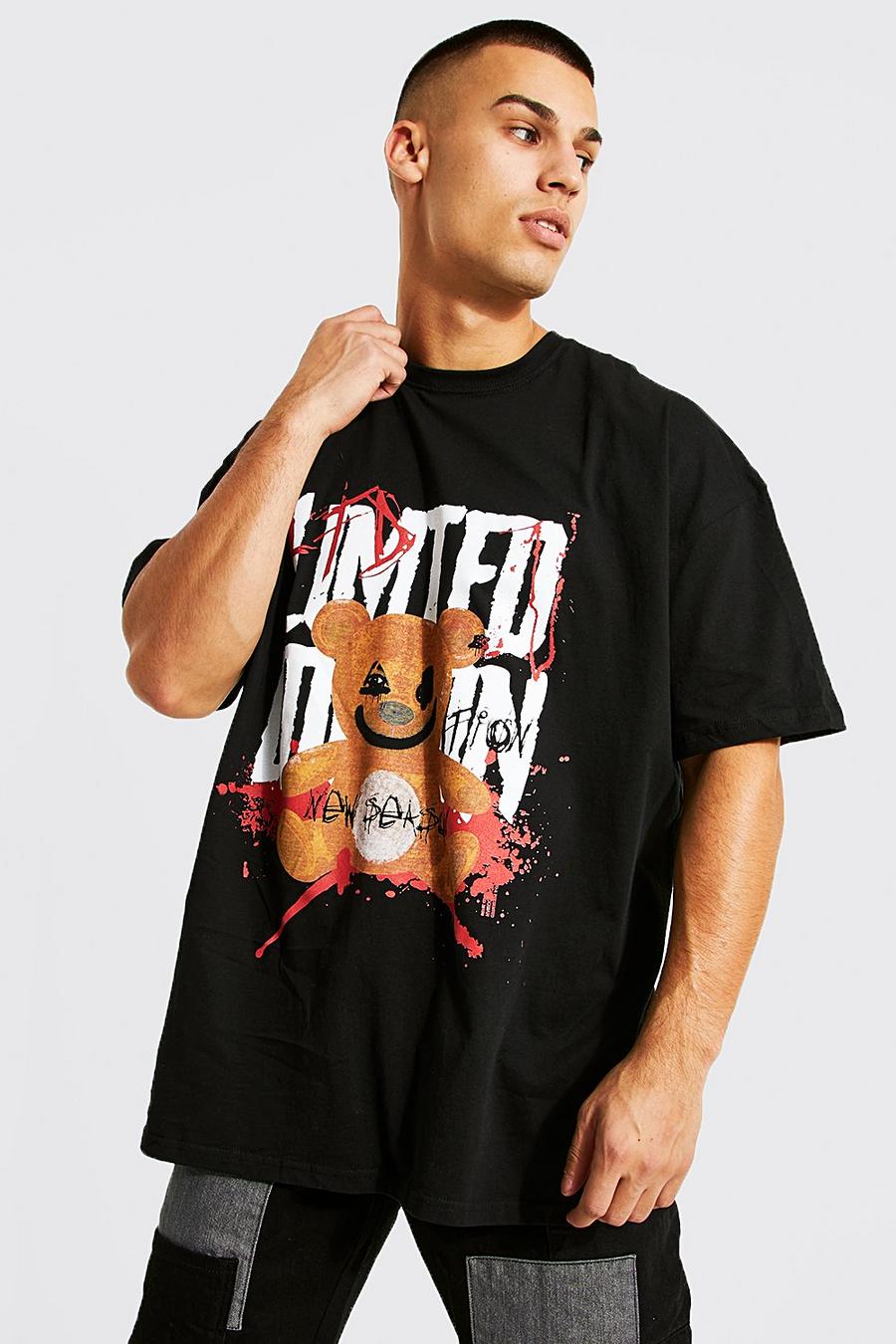 Camiseta oversize con estampado gráfico de osito de peluche, Black image number 1
