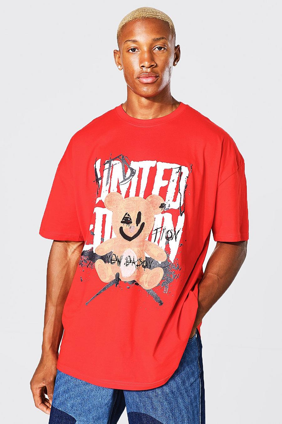 Red Oversized Graffiti Teddy Graphic T-shirt image number 1