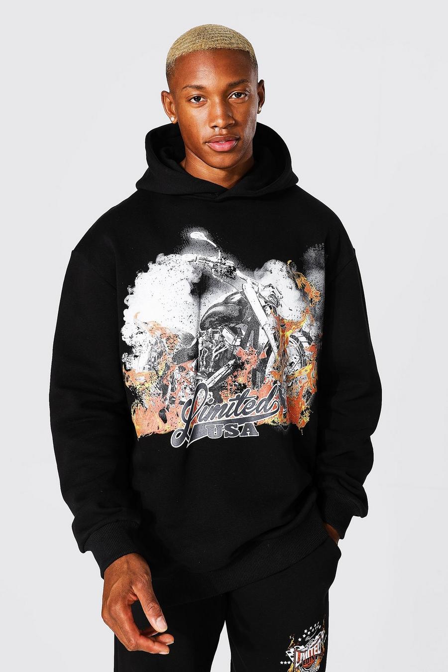 Black Oversized Flame Graphic Hoodie image number 1