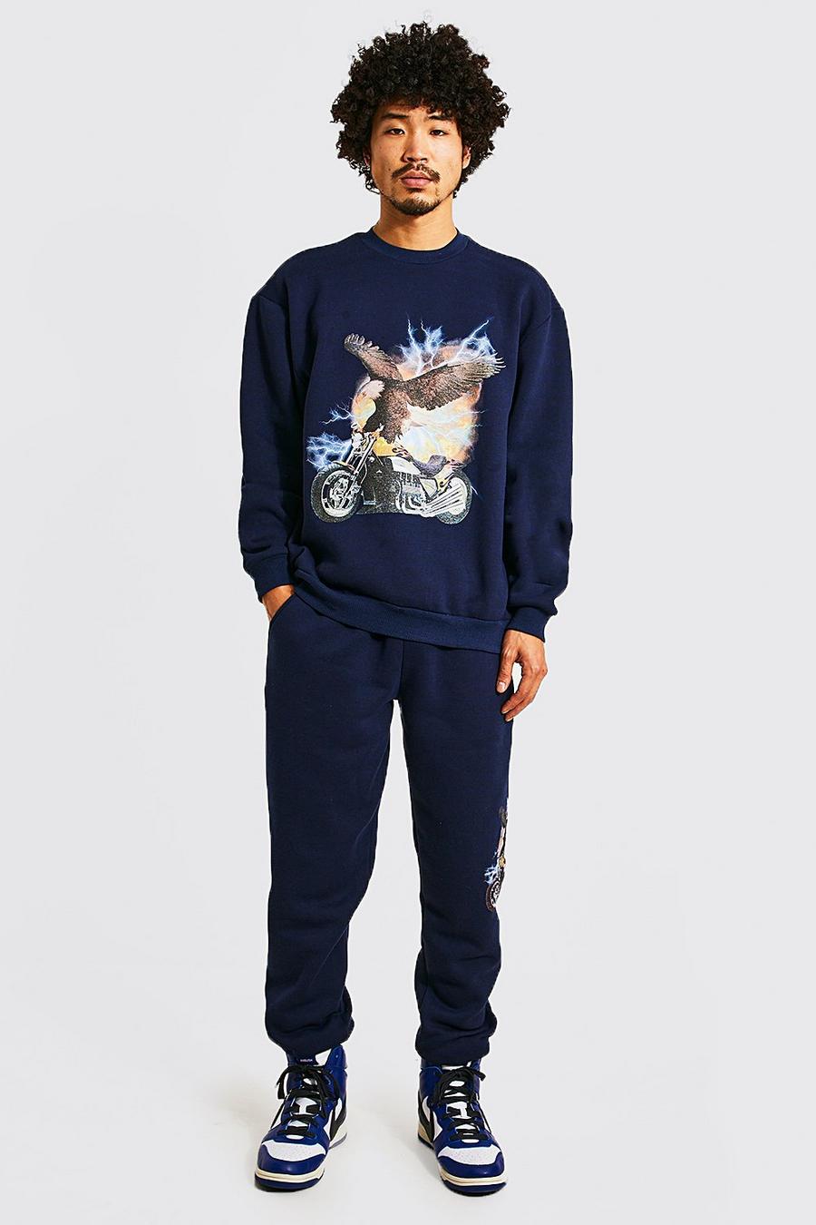 Oversize Sweatshirt-Trainingsanzug mit Adler-Print, Navy image number 1