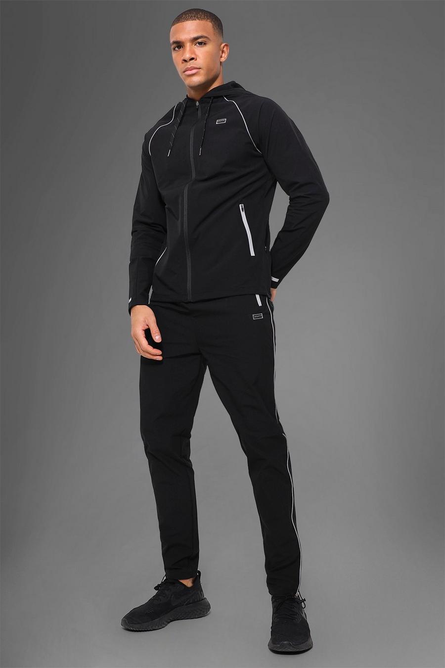 Black Man Active Gym Nylon Tech Hooded Tracksuit image number 1