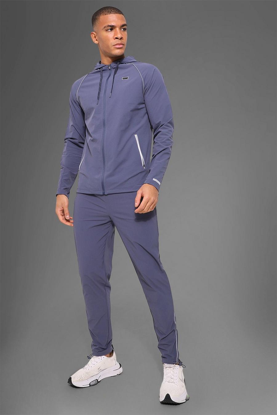 Dusty blue Man Active Gym Nylon Tech Hooded Tracksuit image number 1