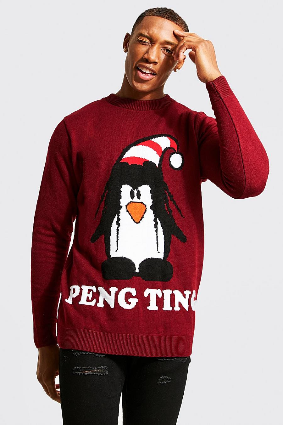 Maglione natalizio con pinguino e scritta Peng Ting, Burgundy rosso
