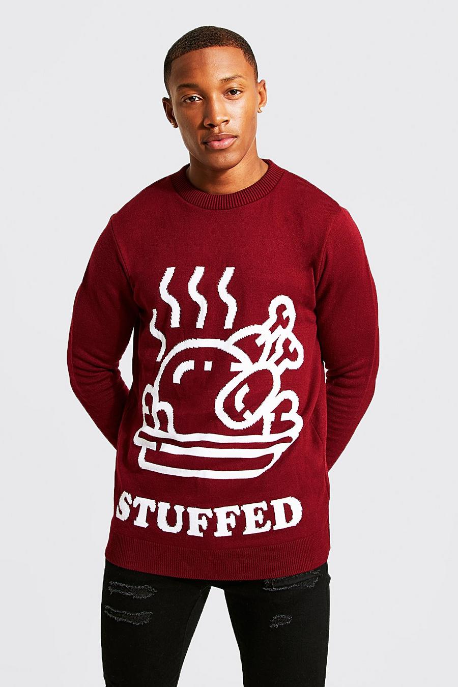 Maglione natalizio con slogan 'Stuffed', Burgundy rojo