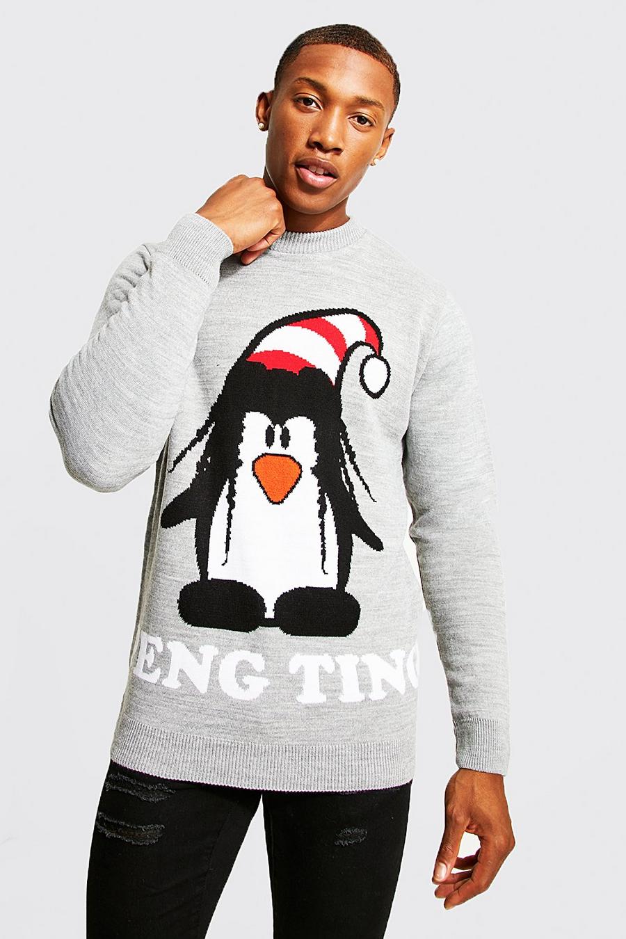 Maglione natalizio con pinguino e scritta Peng Ting, Grey marl gris
