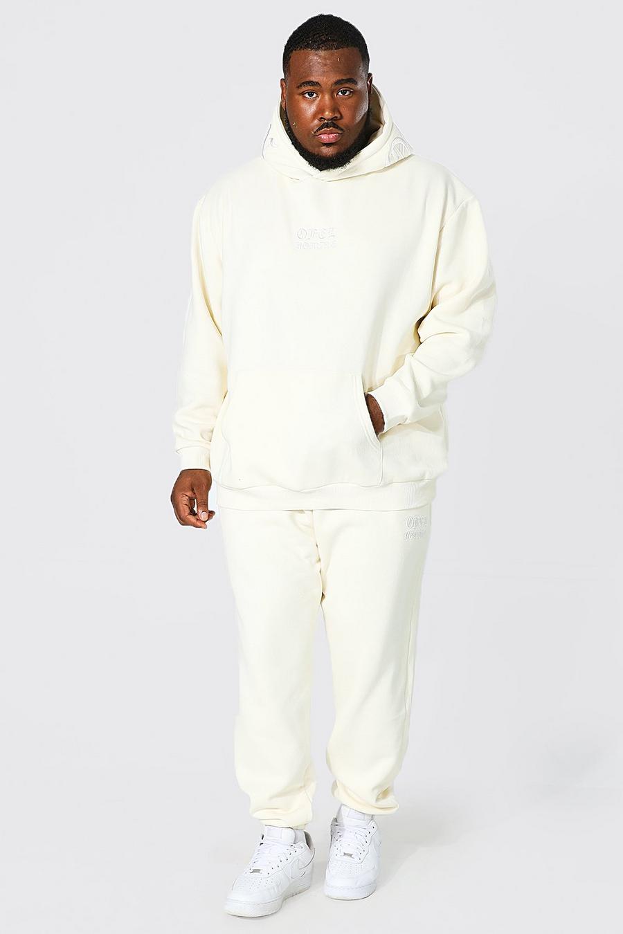 שמנת חליפת טרנינג קפוצ'ון עם כיתוב רקום Ofcl בסגנון גותי, מידות גדולות image number 1