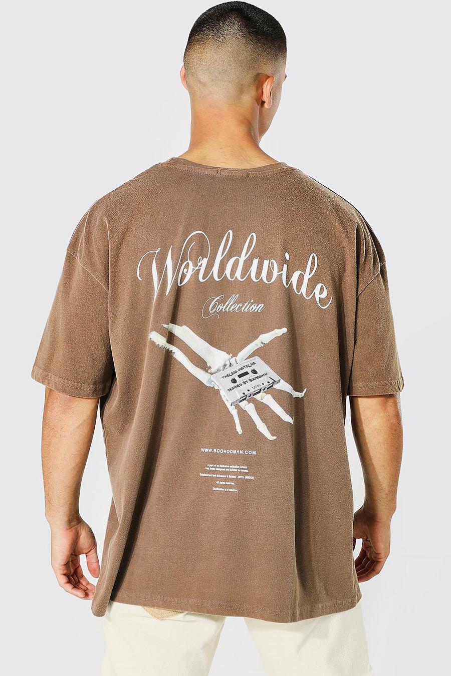 Gefärbtes Oversize T-Shirt mit Worldwide Print, Brown image number 1