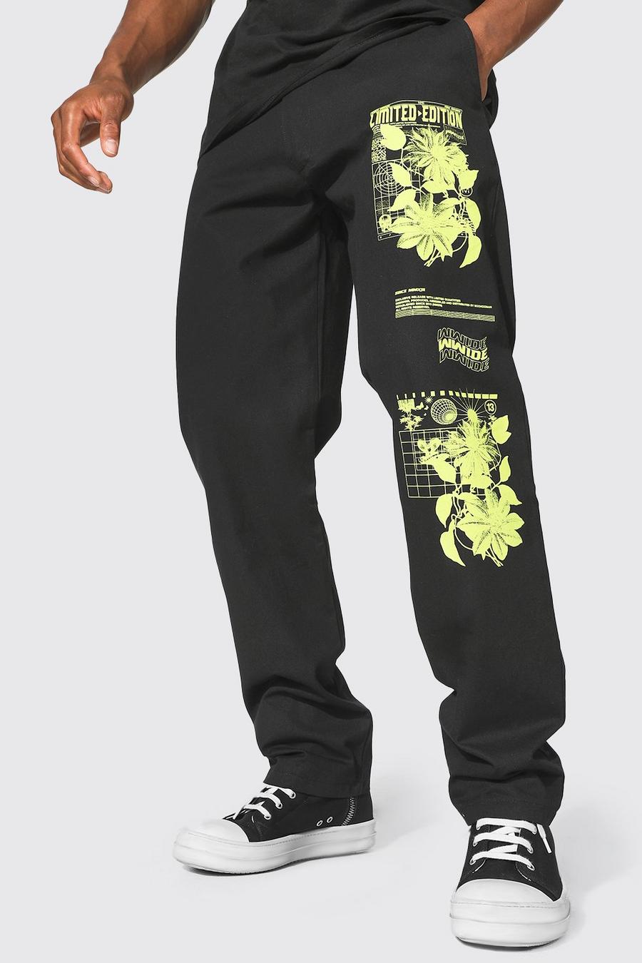 Black Relaxed Fit Chino With Floral Leg Print image number 1