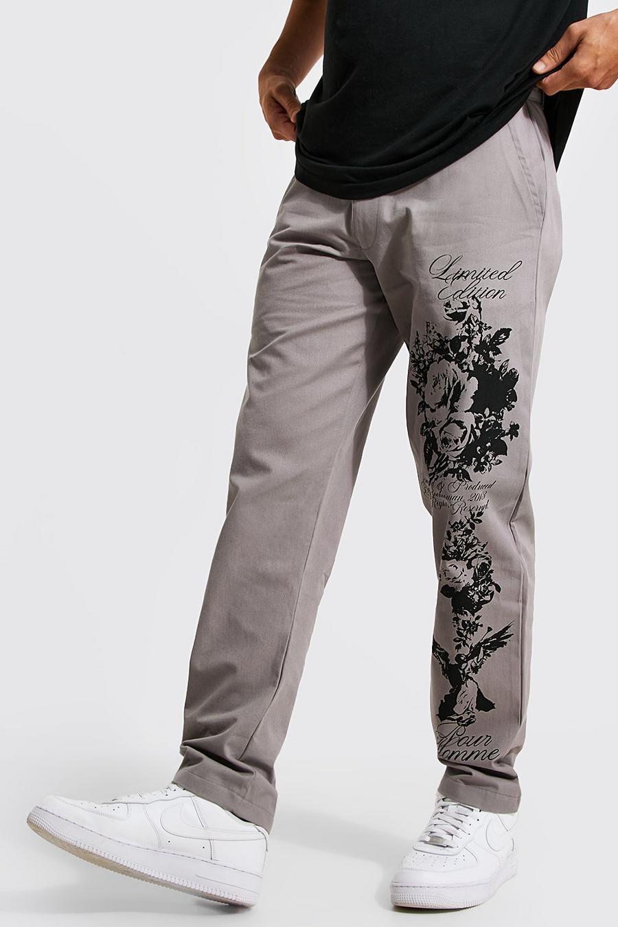 Grey Straight Leg Multi Print Chino Trouser image number 1