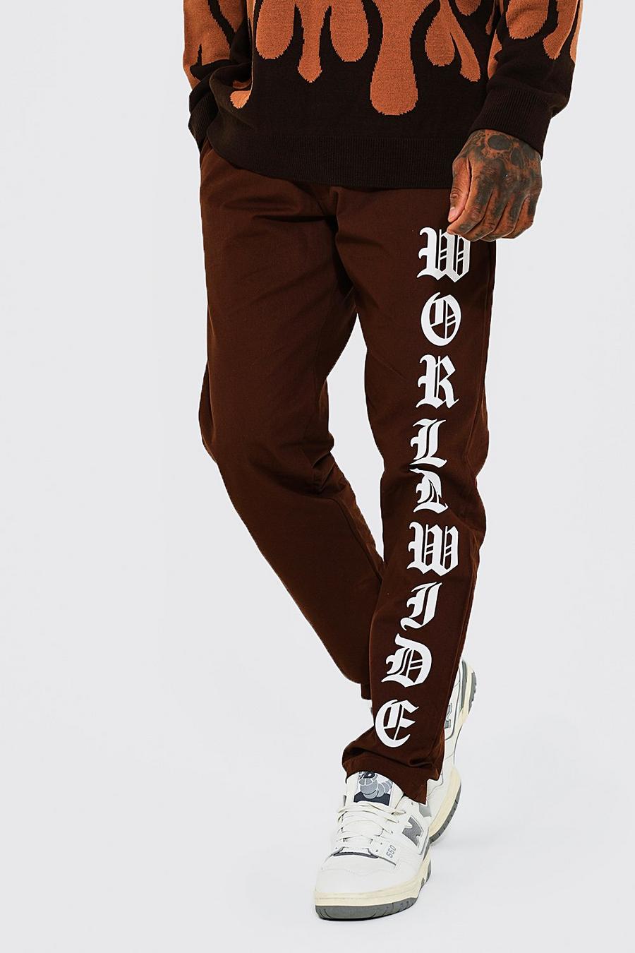 Chocolate Straight Leg Worldwide Printed Chino Trouser image number 1