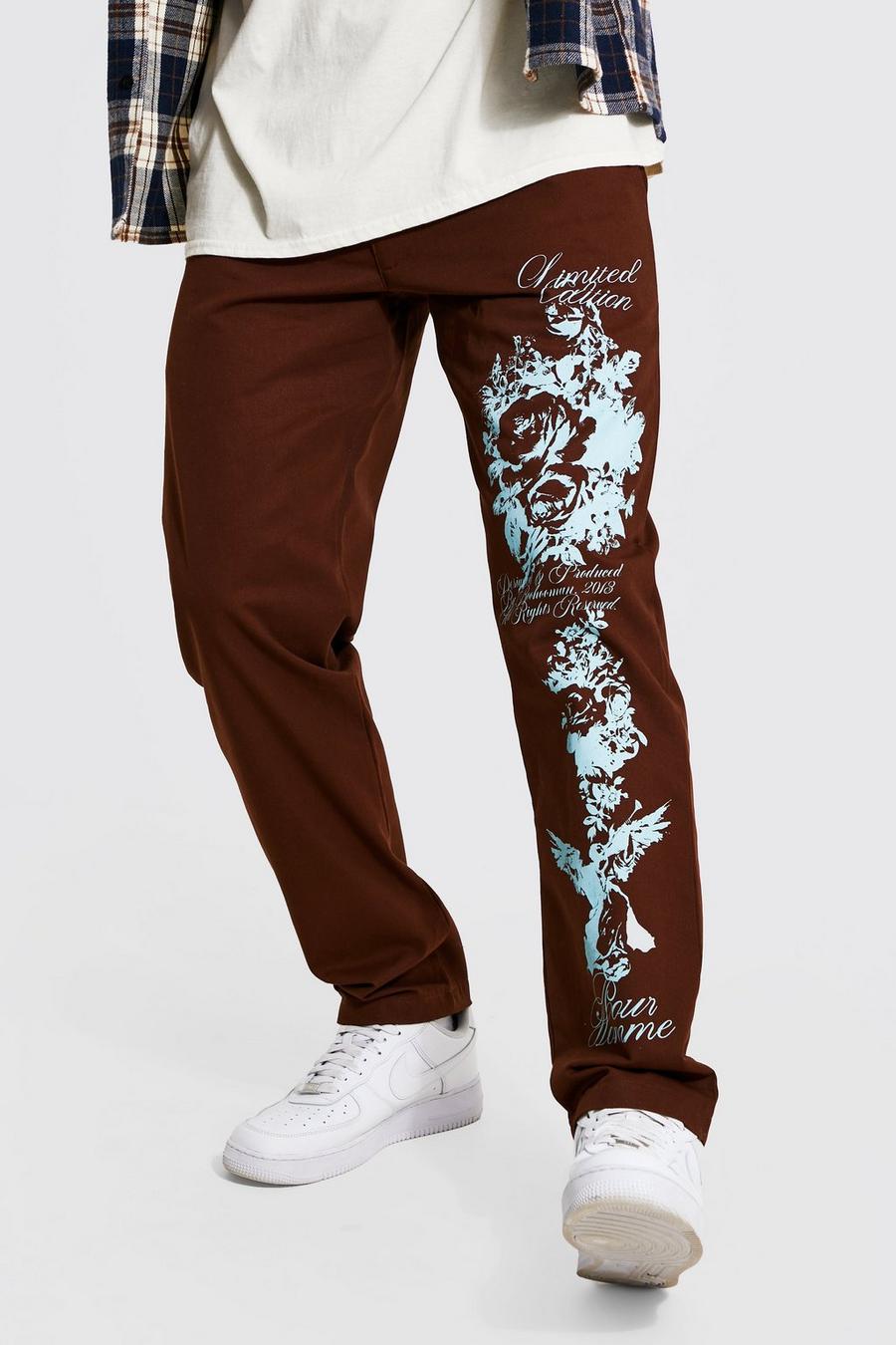 Chocolate brun Straight Leg Multi Print Chino Trouser image number 1